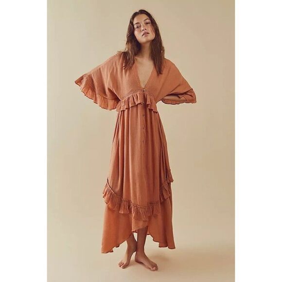 NWT FREE PEOPLE Sz XS PARADISO MAXI DRESS RUFFLE MAXI DRESS PEACHED COPPER - Picture 1 of 3